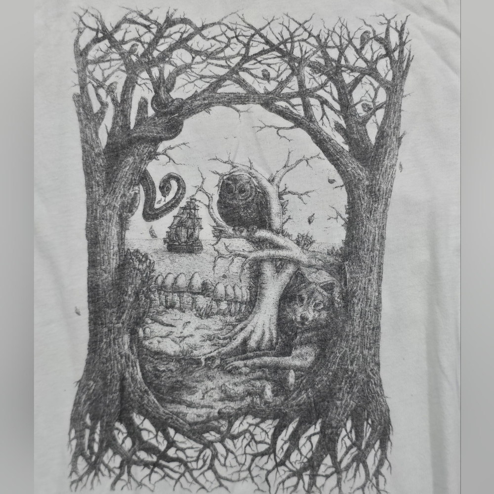 Volcom X Jamie Browne Collab Shirt Skull Owl Wolf Boat Ocean Trees Mint Green L - Picture 2 of 5